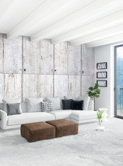 White bedroom minimal style Interior design with wood wall and grey sofa. 3D Rendering. 3D illustration