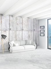 White bedroom minimal style Interior design with wood wall and grey sofa. 3D Rendering. 3D illustration