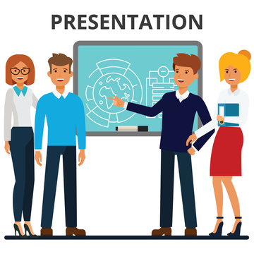 Business presentation. Businessmen and businesswomen meeting. Presentating of the project. Company colleagues. Flat vector illustration isolated on white background.