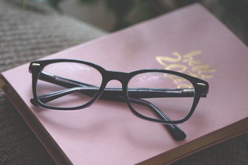 Daily note book with glasses on the couch. Plan daily routine