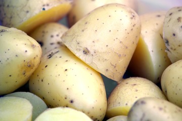 Freshly cooked organic new potatoes boiled  in the skins.