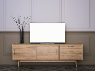 Wooden tv stand with flat LCD television. 3d rendering