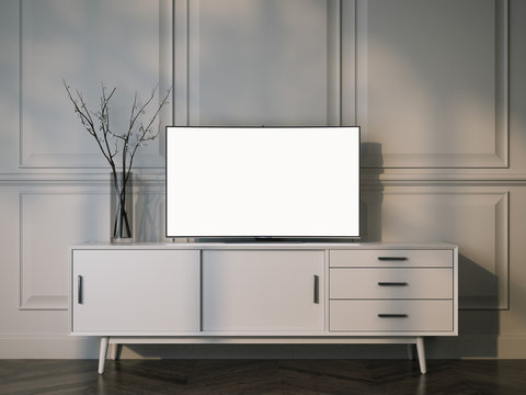 White tv stand with flat LCD television. 3d rendering