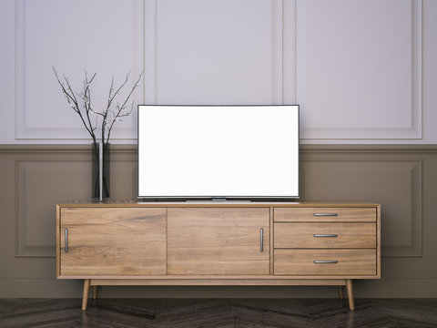 Wooden Tv Stand With Flat LCD Television. 3d Rendering