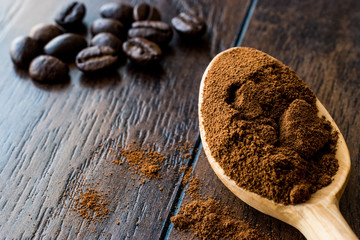 instant espresso powder in wooden spoon.