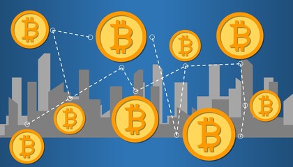 Illustration of Cryptocurrency bitcoin network concept with a background of night city.