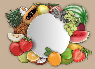 Vector hand-drawn fruit and berry vertical banners on a colorful background. Design for natural cosmetics, sweets and pastries filled with fruit, dessert menu, health care products.and text