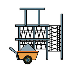 flat line colored  scaffold  adn  wheelbarrow over  white  background  vector illustration
