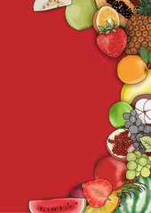 Vector hand-drawn fruit and berry vertical banners on a colorful background. Design for natural cosmetics, sweets and pastries filled with fruit, dessert menu, health care products.and text