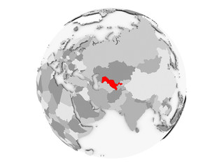Uzbekistan on grey globe isolated