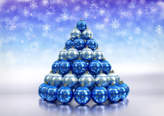 christmas theme with blue a silver xmas bulbs. 3D render
