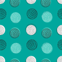 Hand drawn stylish modern teal color seamless abstract pattern with rounds, scandinavian design style. Vector illustration