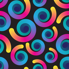 Seamless colorful gradient snail shape elements pattern on black background. Vector illustration