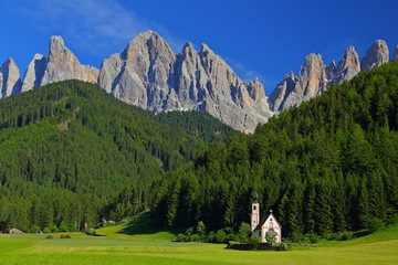 San Giovanni Church dolomites mountain in Santa Magdalena Italy.	