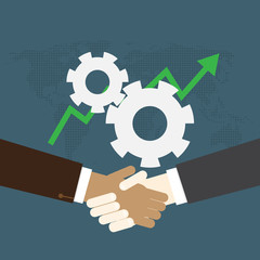 Handshake of business people. Flat design modern vector illustration concept. on money bag background and world map