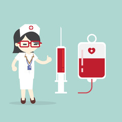 Nurse with injection syringe and blood bag. Vector illustration of a smiling nurse with medical icons background.