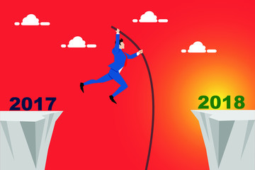 Bussinessman jump between 2017 and 2018. business concept idea