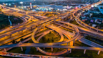 Aerial view of a Unique City Roads and Interchanges, Bangkok Expressway top view, Top view over the...