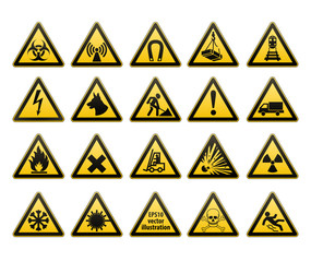 Warning signs set. Safety in workplace. Yellow triangle with black image. Vector illustrations