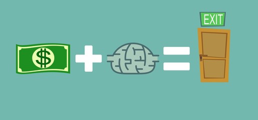 Way to exit concept. Money and brain helps to find a way out. Way to exit concept. Stock flat vector illustration.