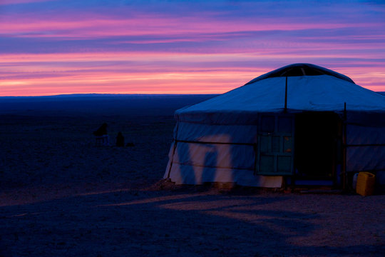 Yurt Purple Sky Sunset Gobi Desert Mongolia