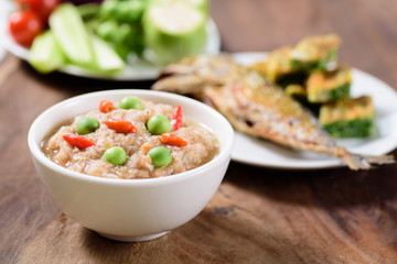 Thai food (Nam Prik Kapi),shrimp paste chili dip with fried mackerel omelette and fresh vegetables on wooden background