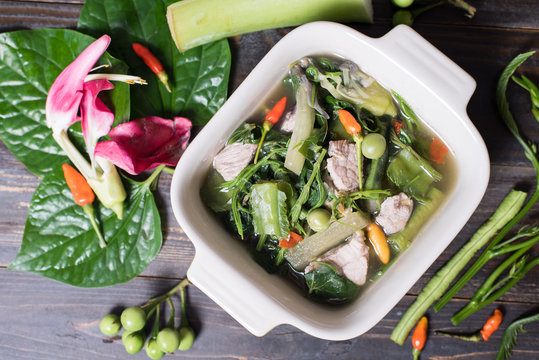 Thai Northern food (Kaeng Khae with pork),curry is made mainly with vegetables and herbs, Main ingredients is Piper sarmentosum leaves