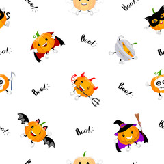 Cute cartoon pumpkin character design seamless pattern. Happy Halloween concept with Dracula, skull, ghost, bat, devil, mummy, witch and black cat. Illustration isolated on white background.