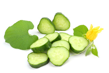 cucumber with sliced cucumber and leaf isolated on white background