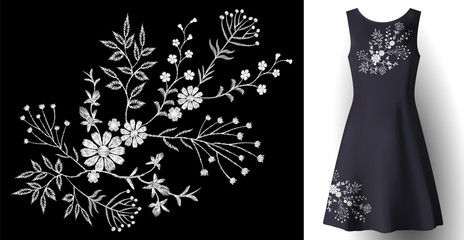 Realistic woman dress embroidery floral decoration. 3d detailed fashion stitched white ornament patch on dark blue fabric vector illustration