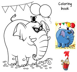 Obraz premium Happy elephant at masquerade with mask and hat. Coloring book. Cartoon vector illustration