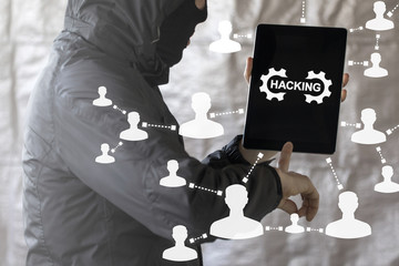 Hackers Attack Safety Mobile Smart Devices Internet Network concept. Hacker hacks social media and...