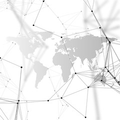 Black world map with chemistry pattern, connecting lines and dots. Molecule structure on white. Scientific medical DNA research. Science or technology concept. Geometric design abstract background.