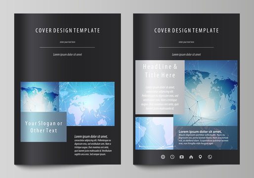 The black colored vector illustration of editable layout of A4 format covers design templates for brochure, magazine, flyer, booklet. World map on blue, geometric technology design, polygonal texture.