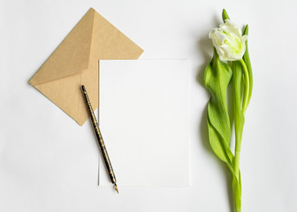 Letter, envelope and tulip on white background. Invitation card, or love letter. Top view, flat lay