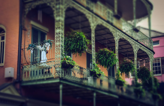 House With An Old Balcony. Scenic Colorful Streets Of New Orleans, Louisiana