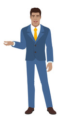 Businessman shows something beside of him