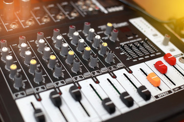 Closeup of an audio sound mixer.