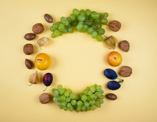 Autumn fruits and nuts on yellow background.
