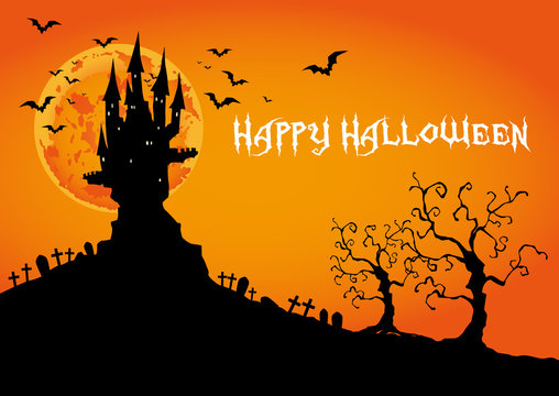 Happy Halloween, Haunted Castle at sunset, vector illustration