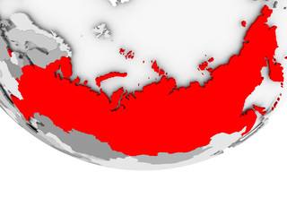 Map of Russia on grey political globe