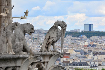 Gargoyle on Notre Dame de Paris on background of skyline of Paris, France. - 171538909
