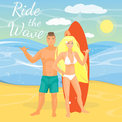 Vector flat illustration of surfing couple showing shaka gesture