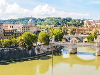 Aerial view of Rome. Bridges through the Tiber River. Rome, Italy
