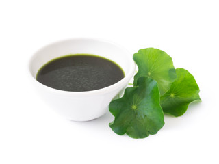 Closeup of Gotu kola's leafs drink on white background, herb and medical concept