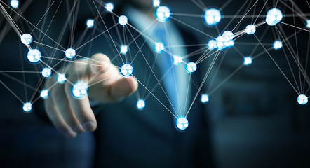Businesman using flying network balls connection 3D rendering