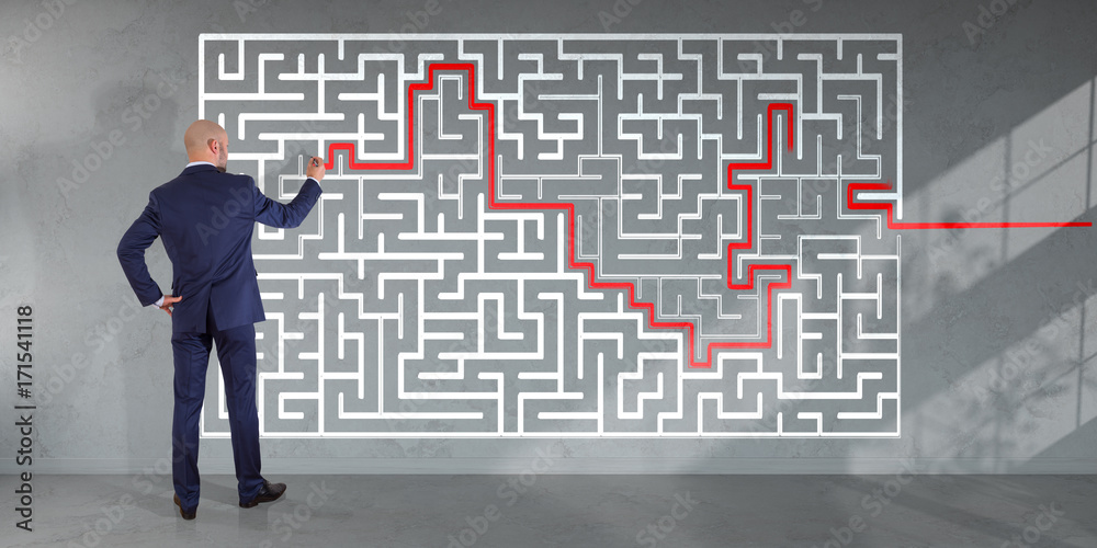 Poster Businessman searching maze solution on a wall 3D rendering