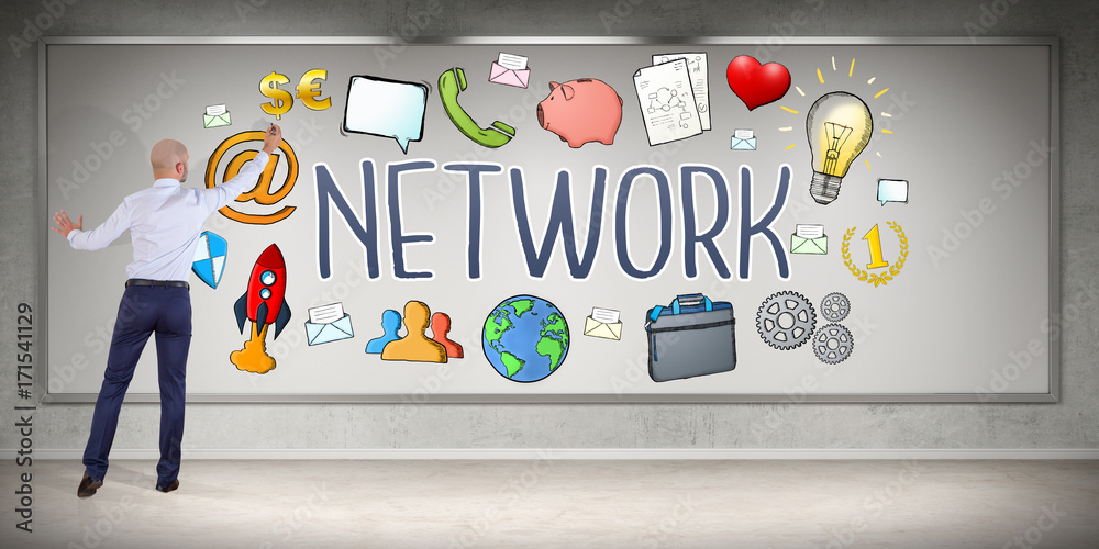 Poster Businessman drawing social network sketch on a board 3D rendering