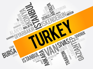 List of cities in Turkey word cloud collage, business and travel concept background