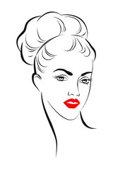 Hand drawn portrait of young stylish girl isolated on white background. Fashion style.